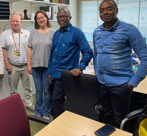 Part of the project team, from left to right: Dr. Henk Schallig, Dr. Petra Mens, Dr. Hypolite Mavoko (PI in DRC) and Japhet Kabalu (PhD student from DRC)