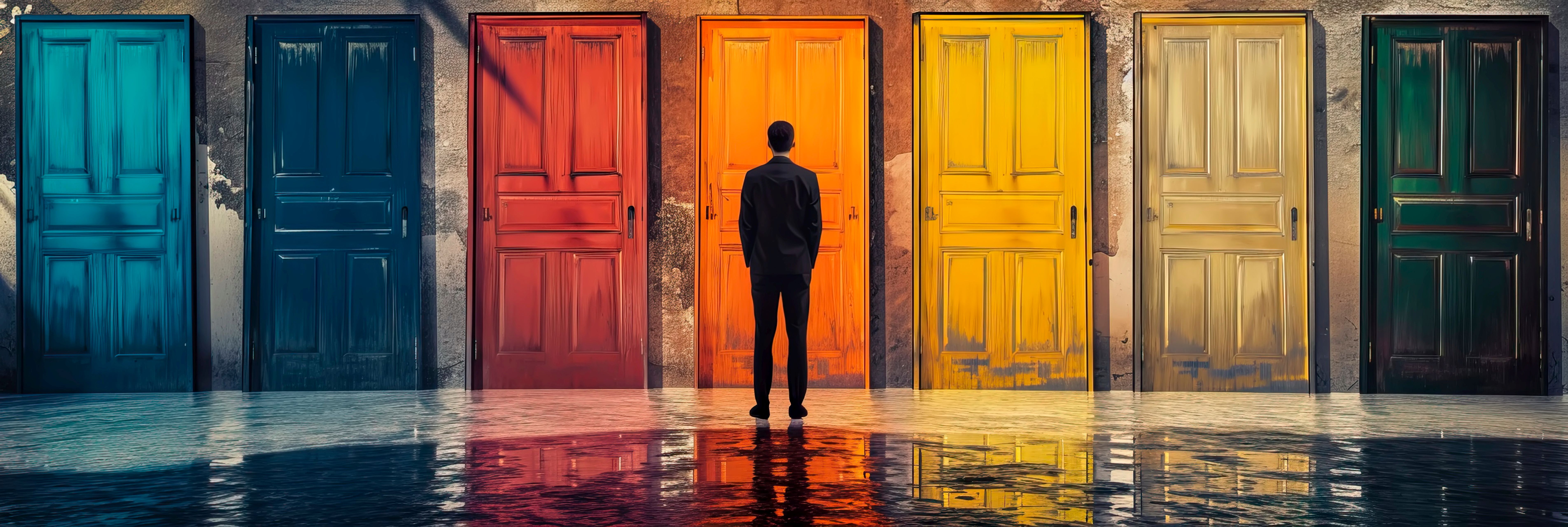 Alternative careers: guy standing for different colour doors