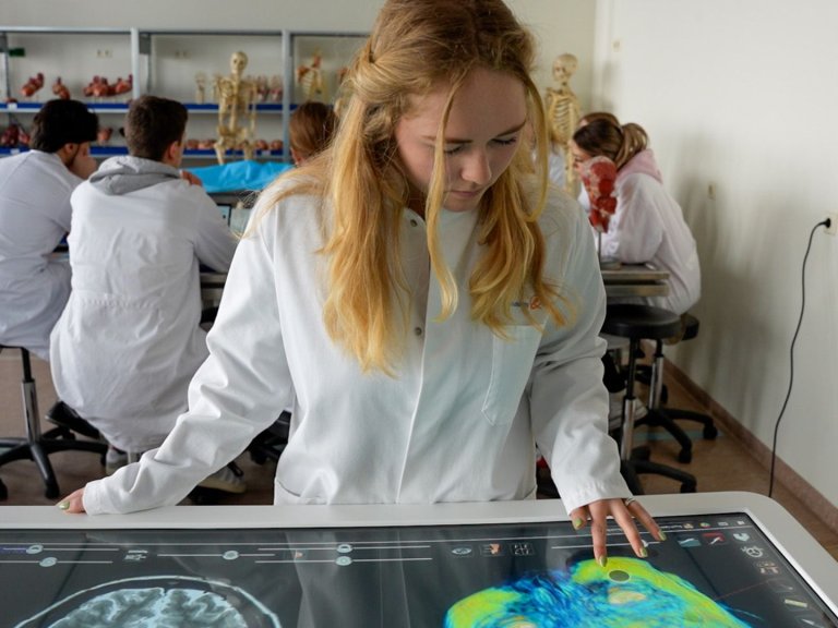 Geneeskundestudenten verkennen het menselijk lichaam met een digitale snijtafel