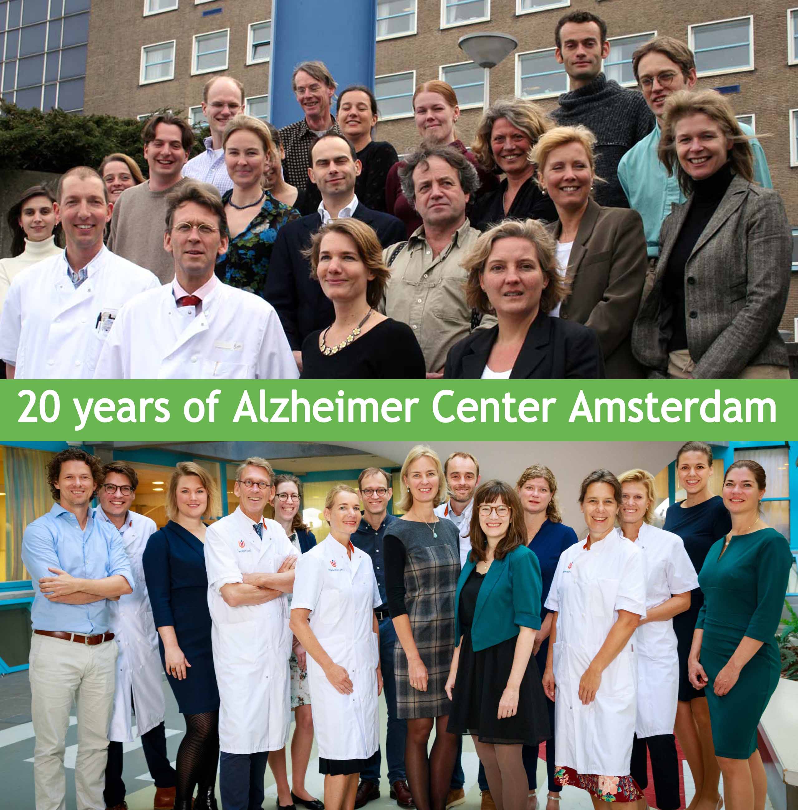 An old photo of 2005 and a photo of 2019 of the researchers at the Alzheimer Center Amsterdam